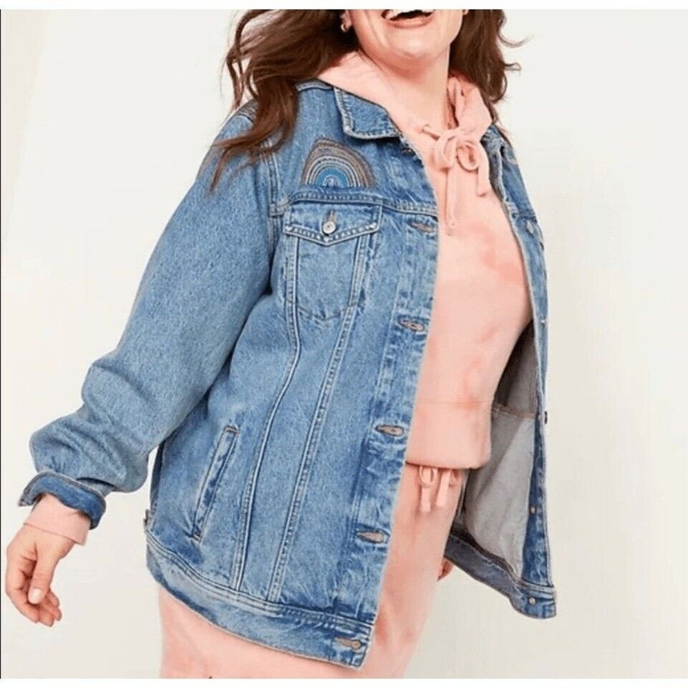 Old Navy Pride Denim Jean Jacket S Womens Boyfriend Blue Rainbow Button Front